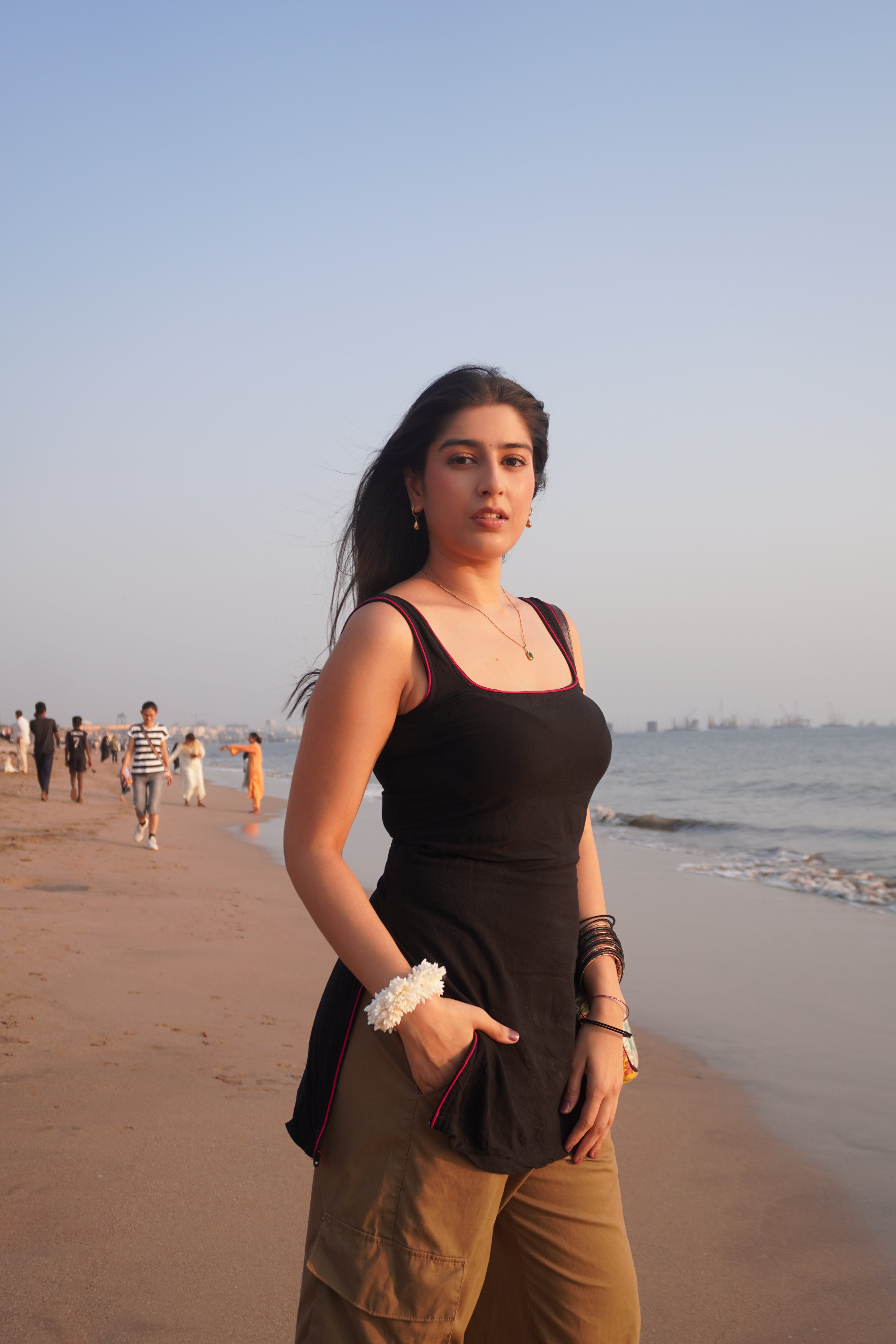 Aditi Singh in a Bindee Black tank top kurti at the beach