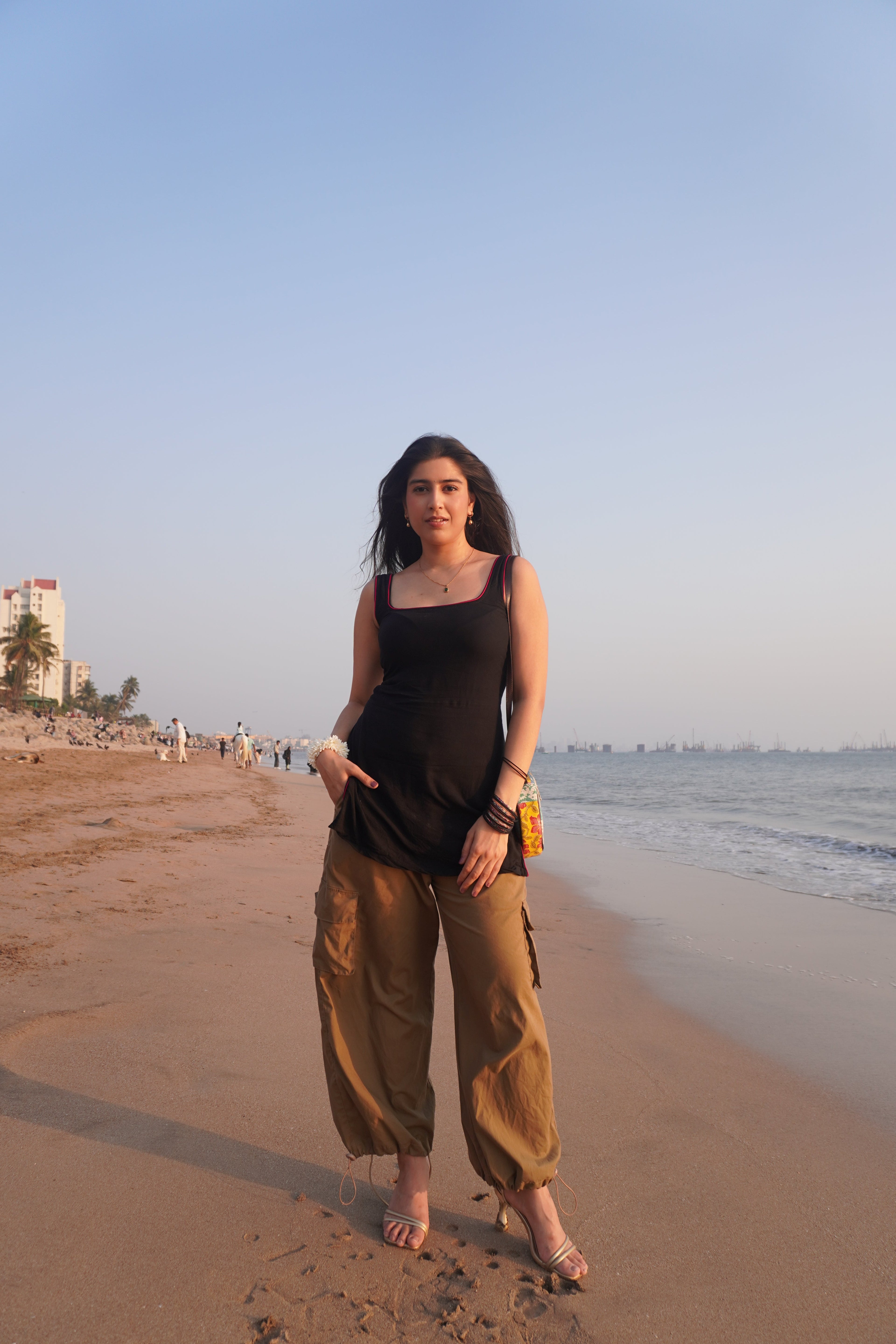 Woman wearing Bindee Black tank top kurti 