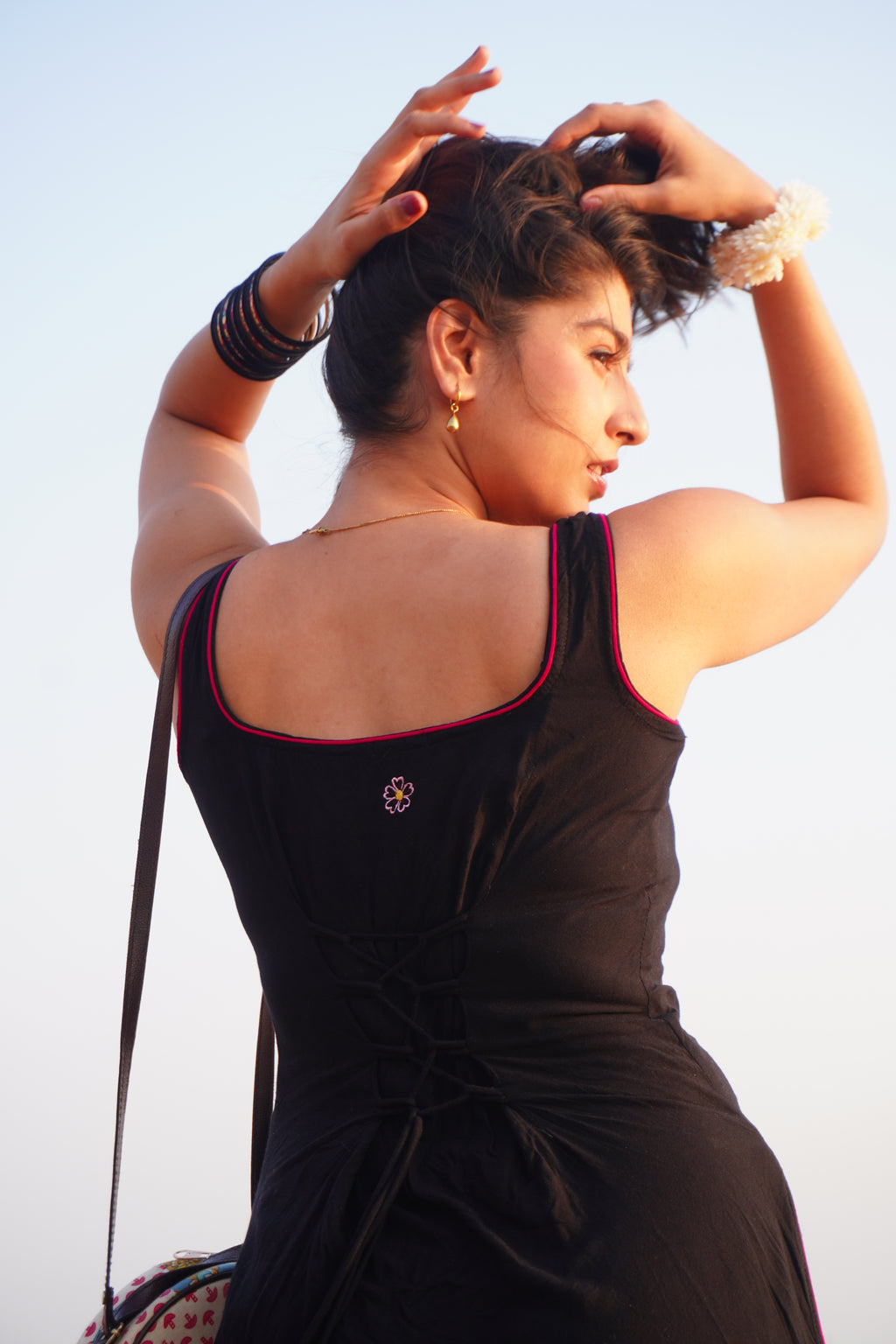 Bindee Black Tank top kurti with back corset detail and bindee flower logo