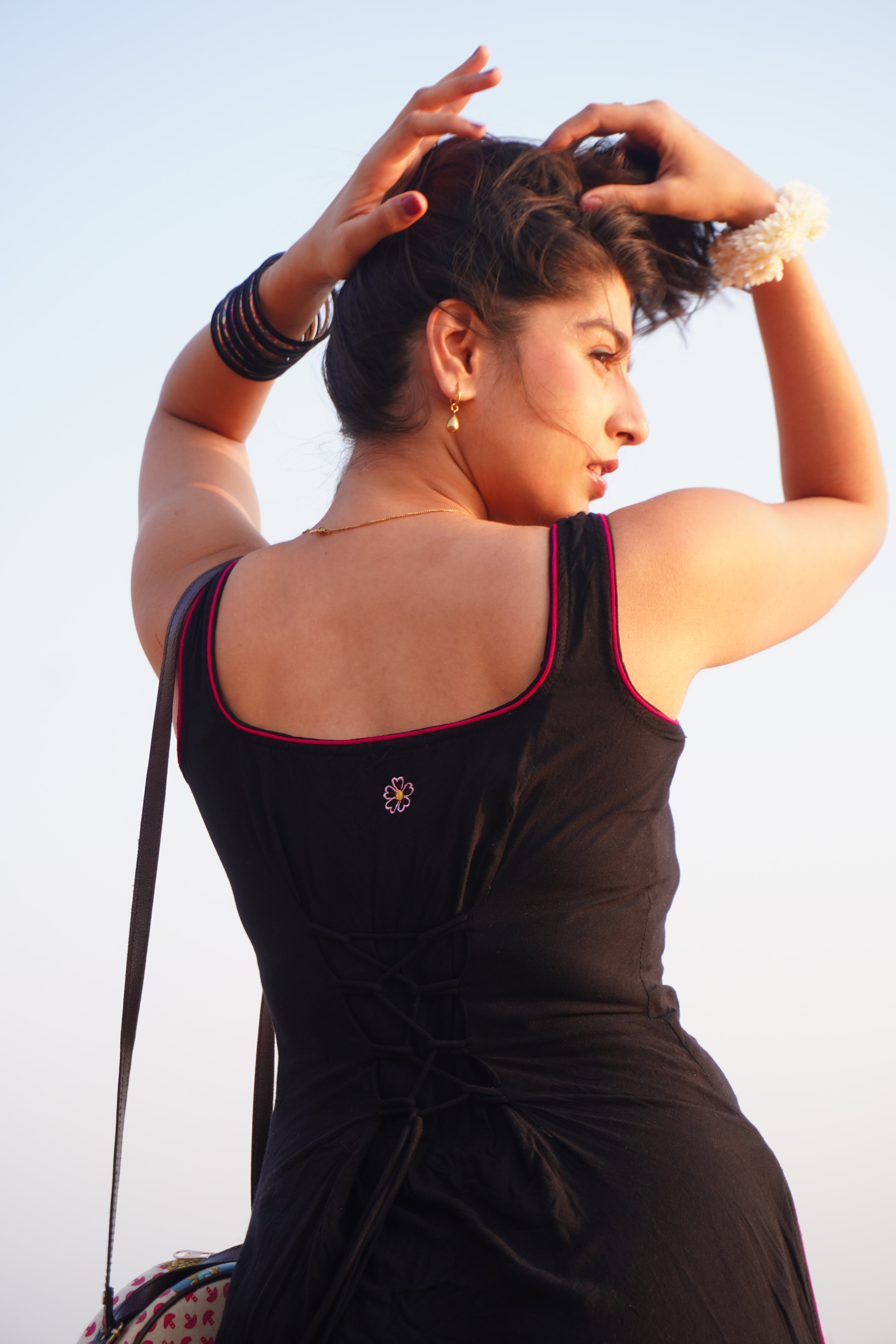 Bindee Black Tank top kurti with back corset detail and bindee flower logo