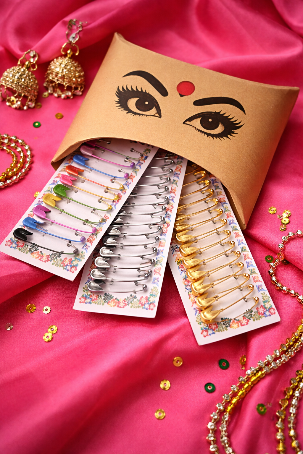 Bindee 'Essential Safety-pin kit' with gold, silver and multicolor safety pin cards on a pink background.