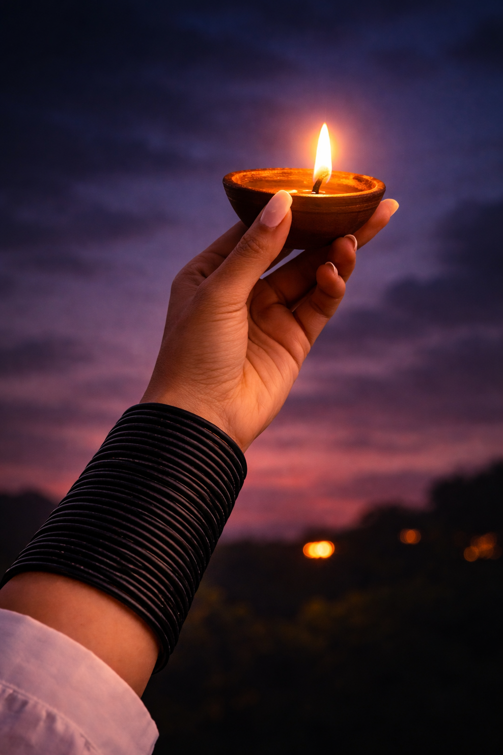 Hand wearing Bindee TRIBE bangles in BLACK color, holding a lit oil lamp against a dark sky with a purple hue