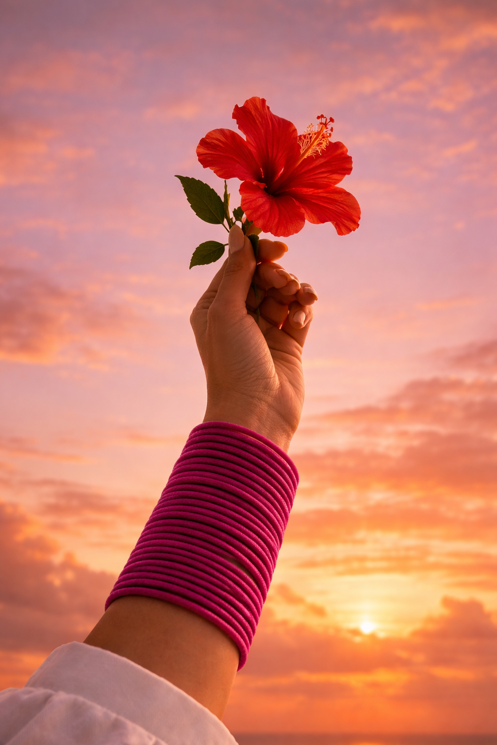 Hand wearing Bindee TRIBE bangles in PINK color, holding a red hibiscus flower against a sunset sky