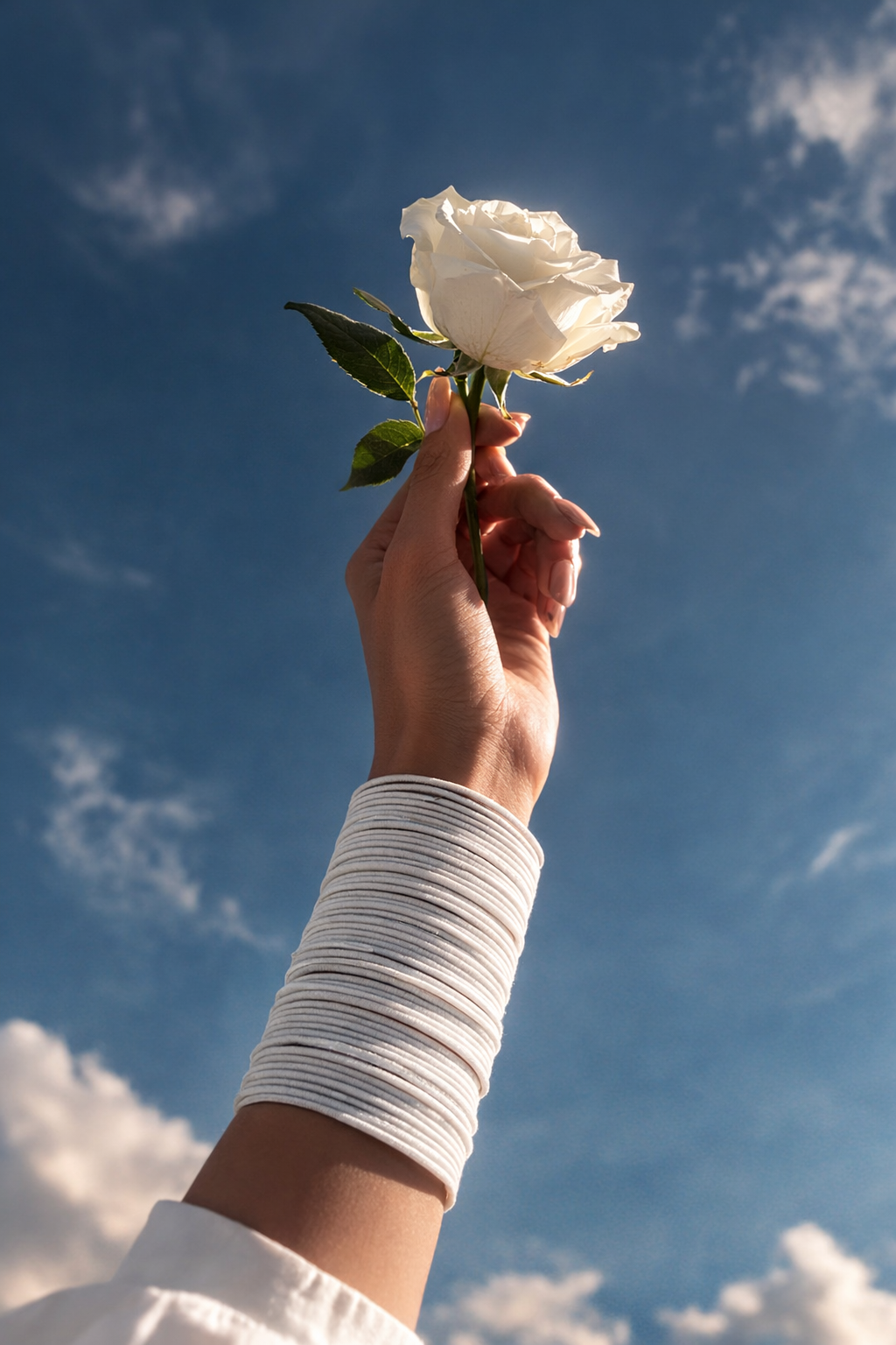 Hand with Bindee TRIBE bangles in WHITE color, holding a white rose against a blue sky with clouds