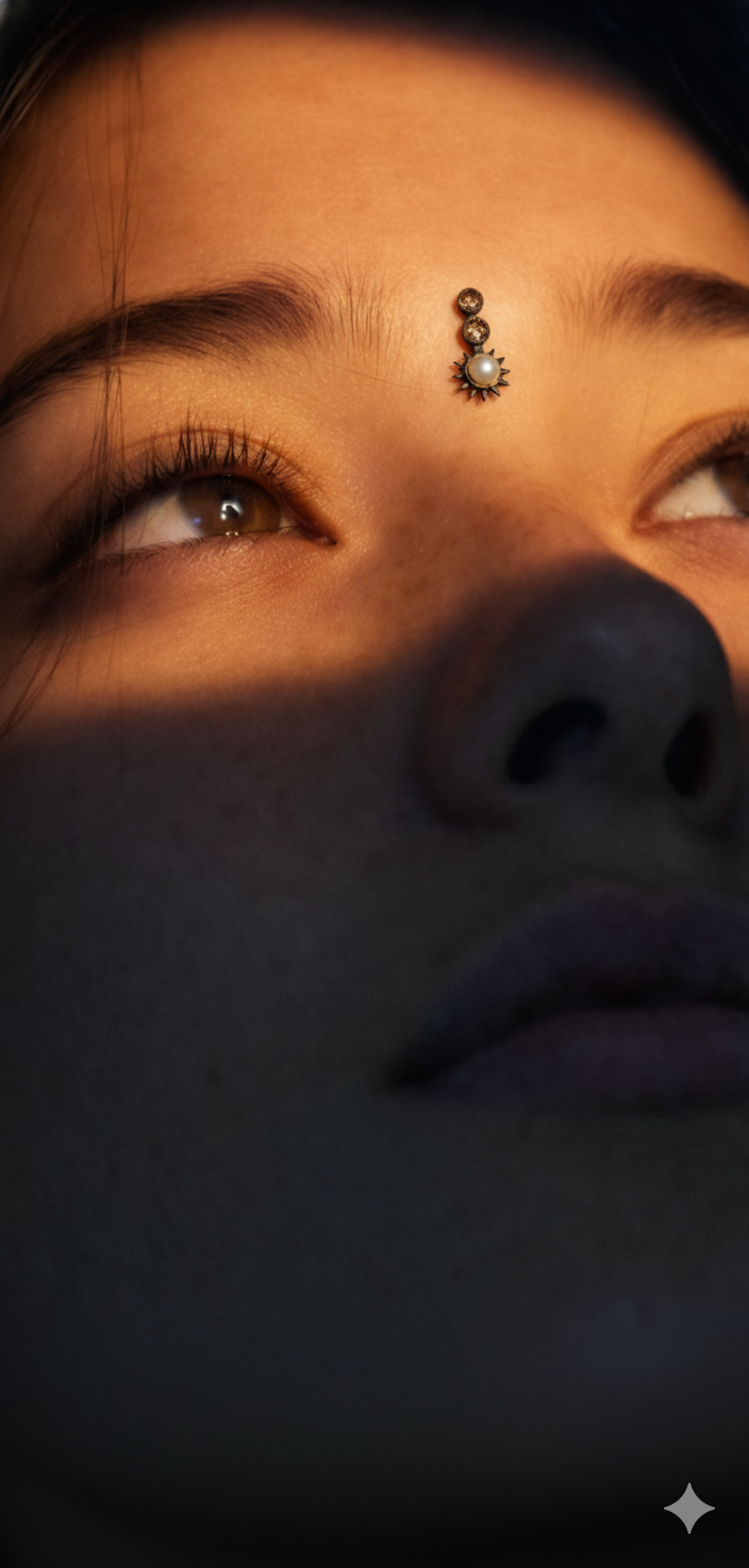 Close-up of a person's face with a focus on the eyes wearing a designer bindi. 