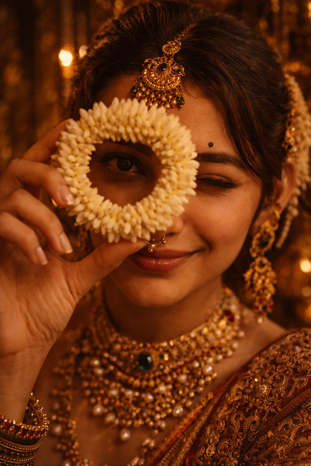 Woman in traditional attire holding a Bindee Scented Gajra scrunchie  in front of her eye with a warm, blurred background.