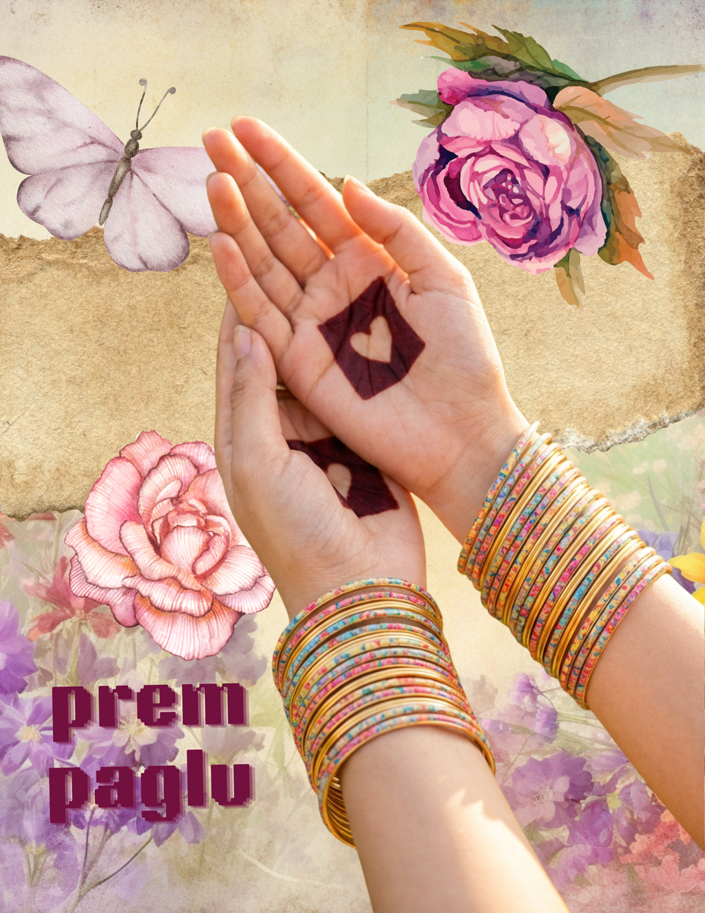 Two hands wearing BindeeLoveDrug bangles surrounded by flowers and a butterfly on a textured background.