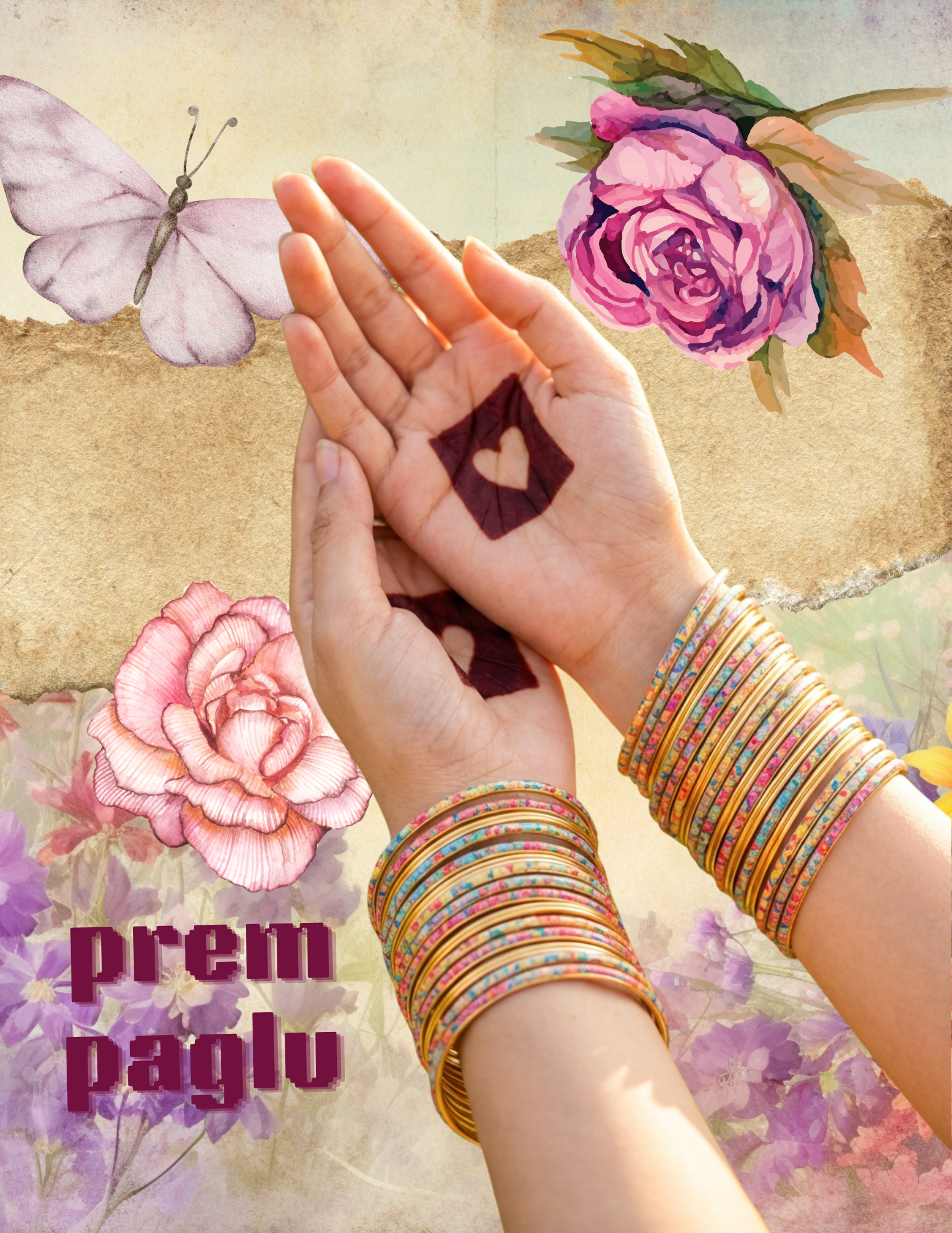 Two hands wearing BindeeLoveDrug bangles surrounded by flowers and a butterfly on a textured background.