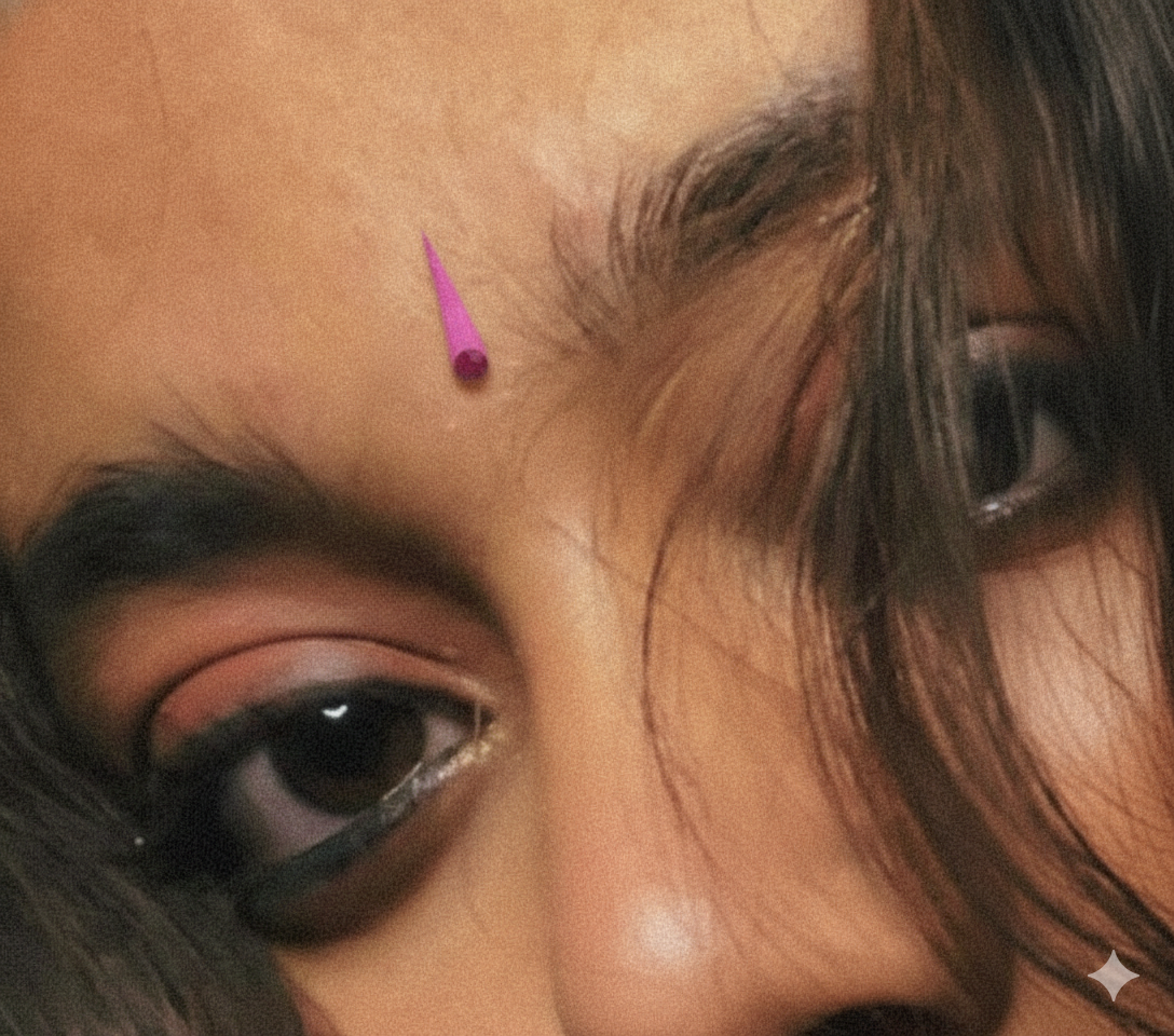 Close-up of a person's eye with a pink bindi on their forehead.