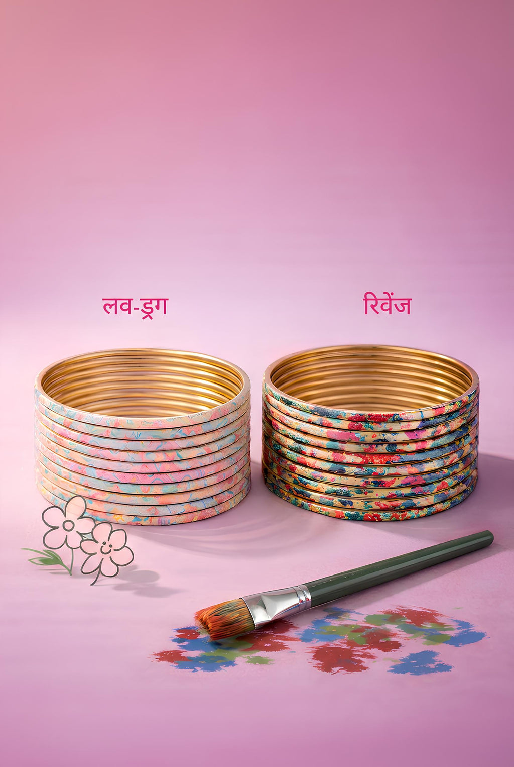 Bindee LoveDrug Bangles and Bindee Revenge Bangles on a pink background with a paintbrush.