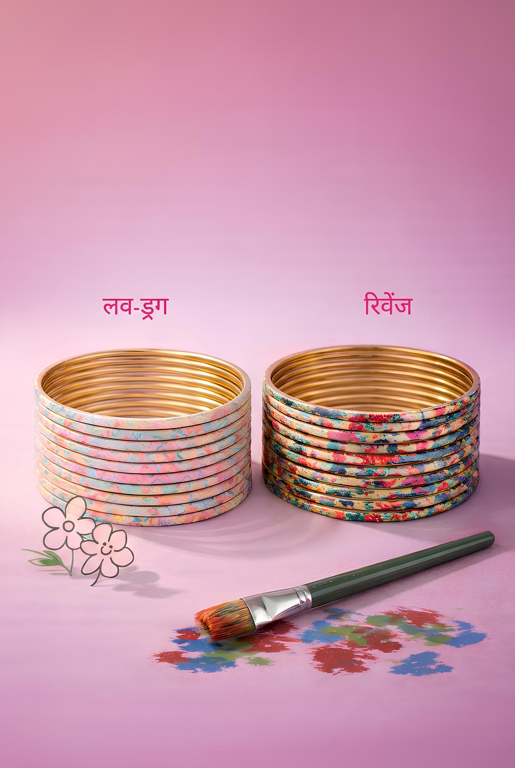 Bindee LoveDrug Bangles and Bindee Revenge Bangles on a pink background with a paintbrush.